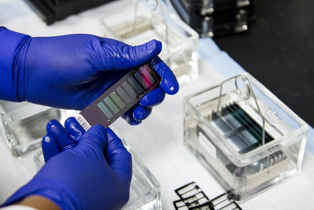 A person wearing blue gloves, testing blood sugar.