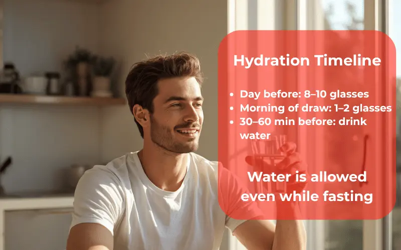 Hydration timeline guide showing person drinking water at home 
the morning before a mobile blood draw appointment — drink 1 to 2 
glasses 30 to 60 minutes before your draw