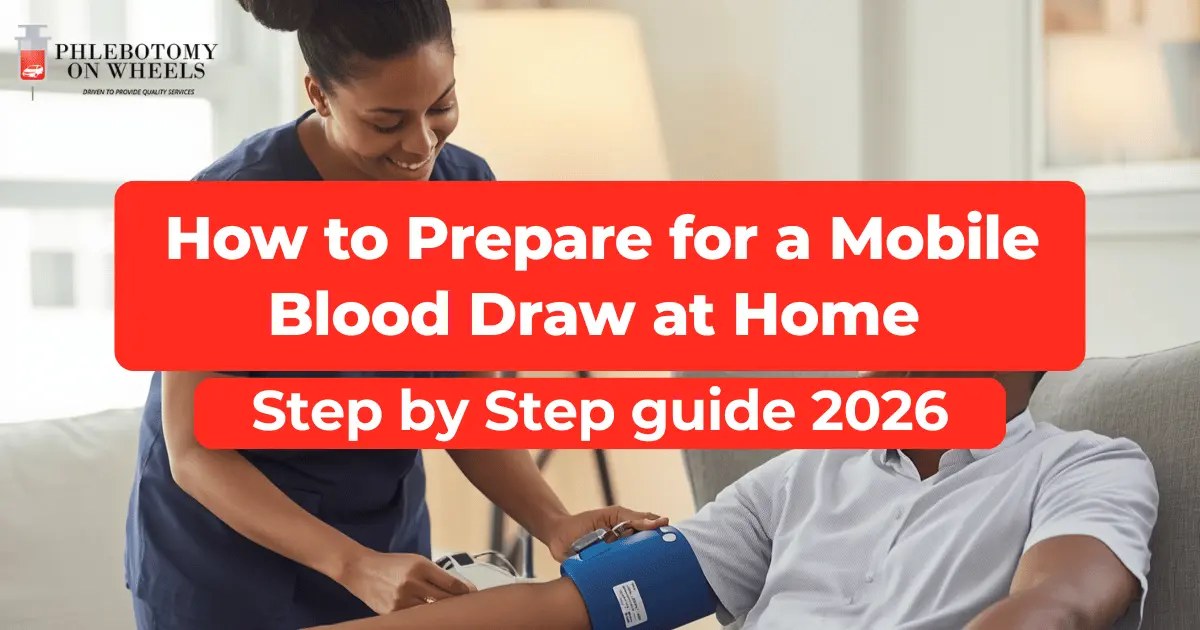 Certified mobile phlebotomist preparing for an at-home blood draw with patient seated comfortably in home living room — Phlebotomy On Wheels