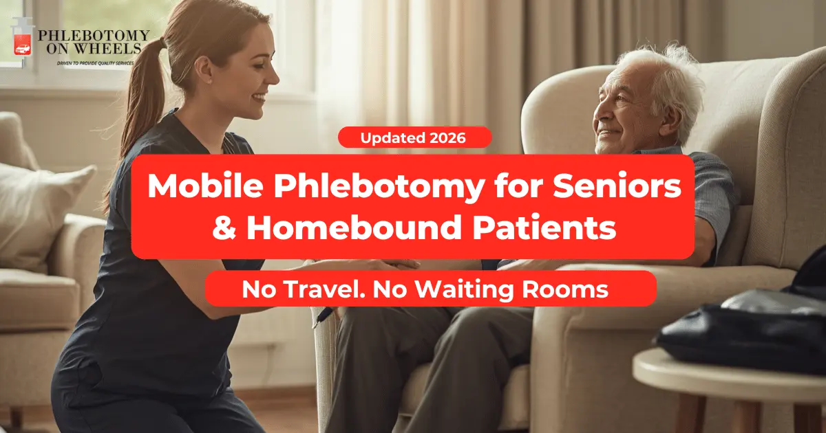 Caring certified phlebotomist visiting elderly senior patient at home for mobile blood draw, professional at-home phlebotomy service for seniors and homebound patients by Mobile Blood Labs