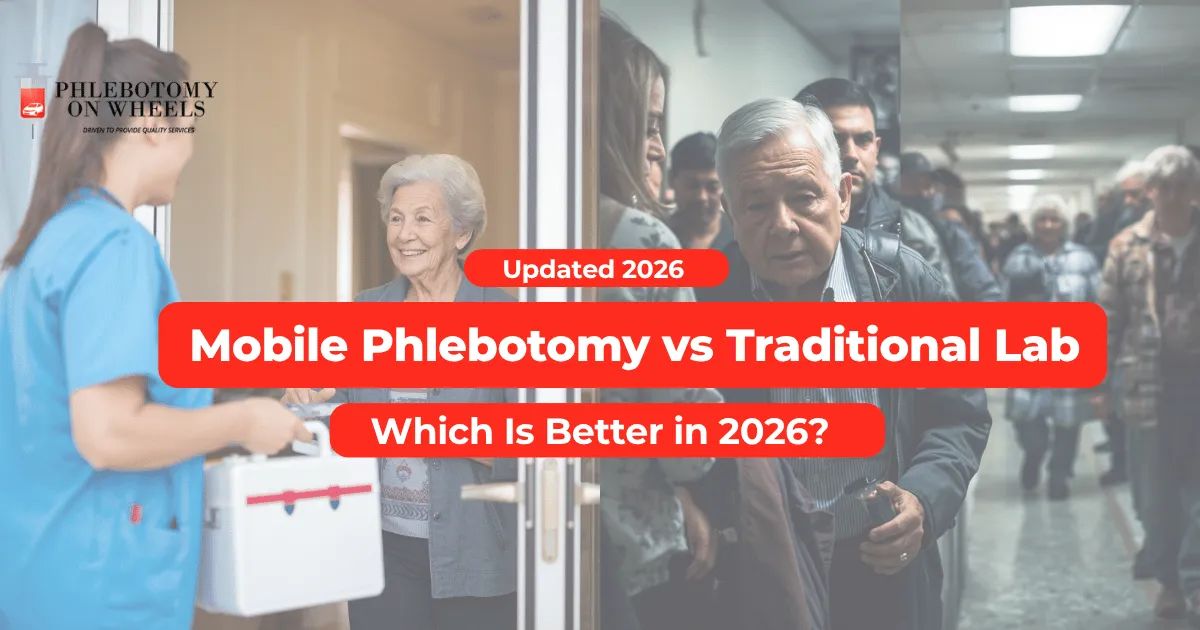 Side by side comparison of mobile phlebotomy home visit versus traditional lab waiting room