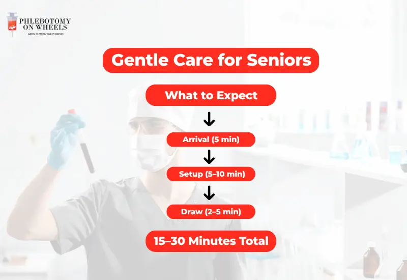 Certified mobile phlebotomist performing gentle at-home blood draw on elderly senior woman seated in recliner chair with caregiver present — safe professional home phlebotomy service for seniors and homebound patients