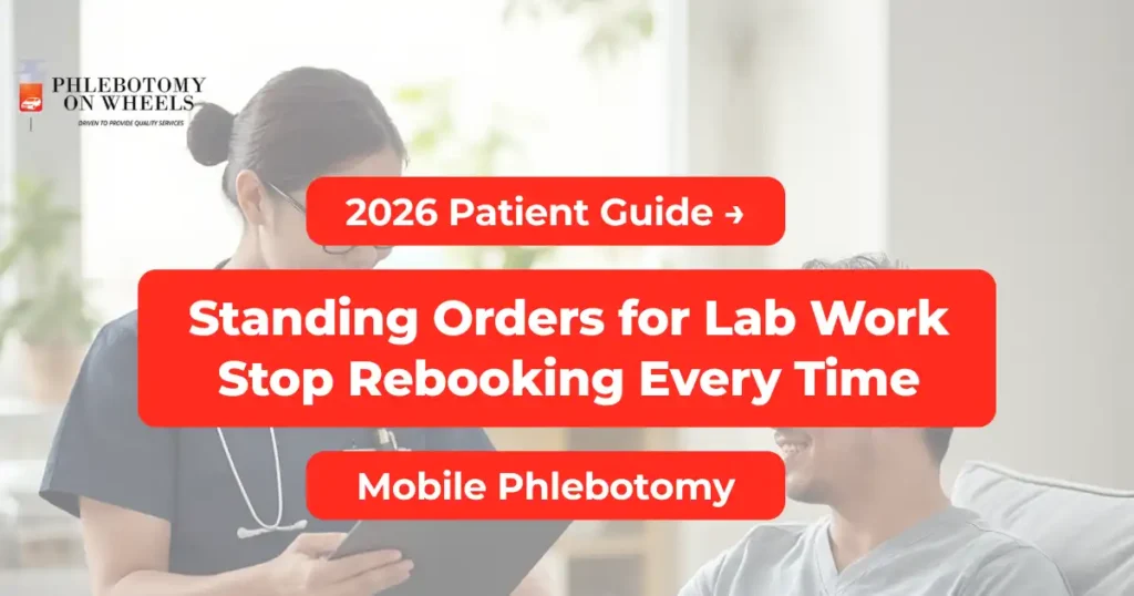 Phlebotomist reviewing recurring lab schedule with patient at home for standing orders blood draw