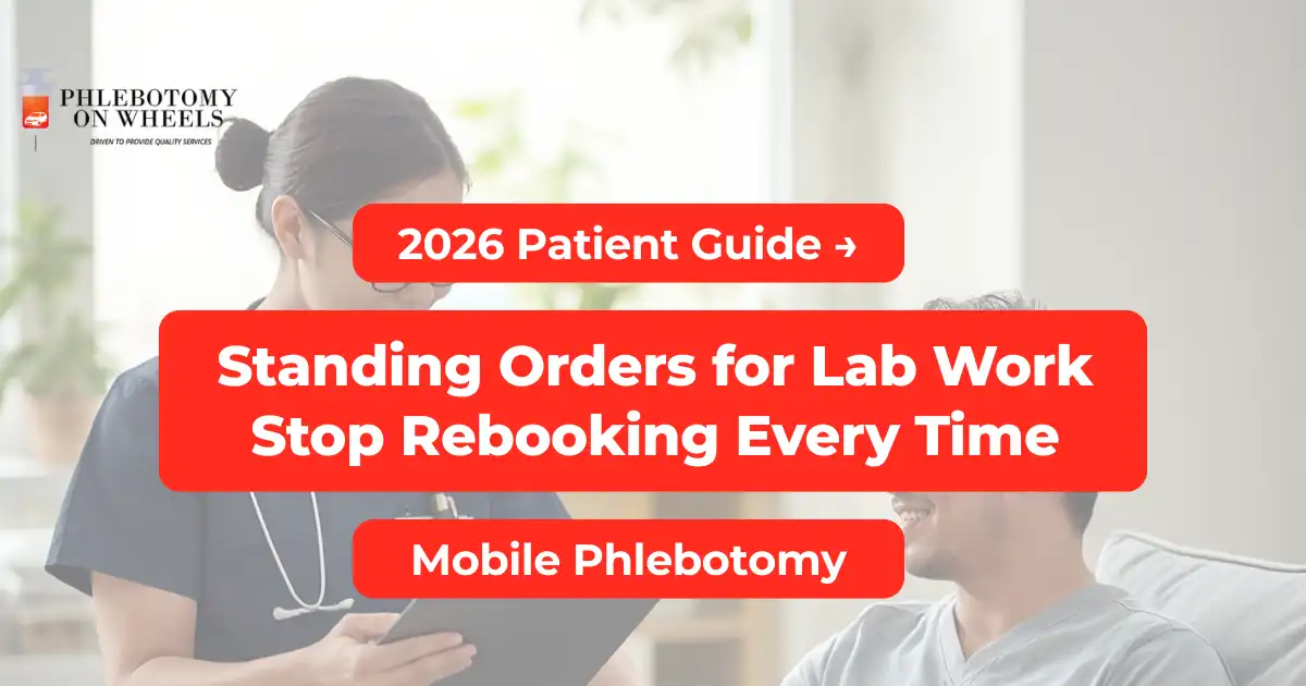 Phlebotomist reviewing recurring lab schedule with patient at home for standing orders blood draw