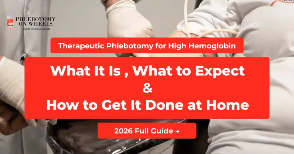 Certified mobile phlebotomist performing therapeutic phlebotomy for high hemoglobin at patient home