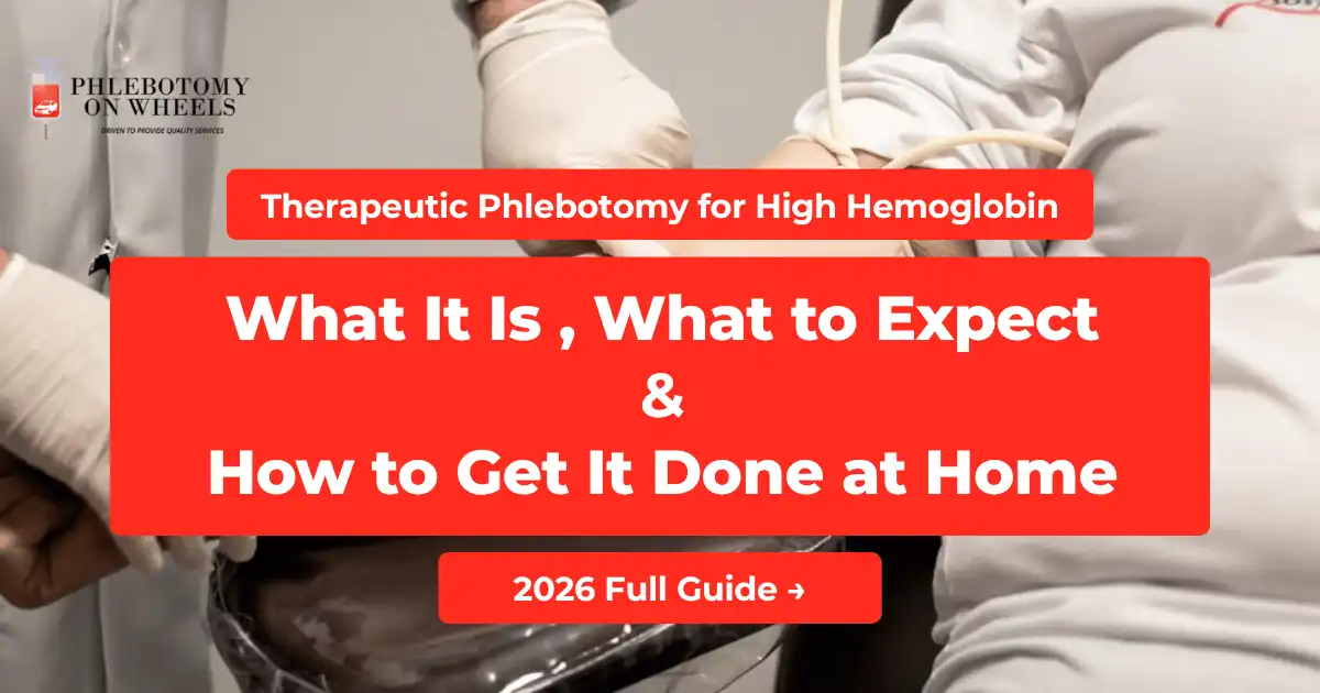 Certified mobile phlebotomist performing therapeutic phlebotomy for high hemoglobin at patient home