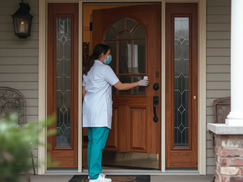 Mobile phlebotomist arriving at patient home for therapeutic phlebotomy