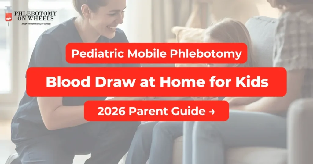 Certified phlebotomist performing pediatric blood draw at home with child seated comfortably on couch