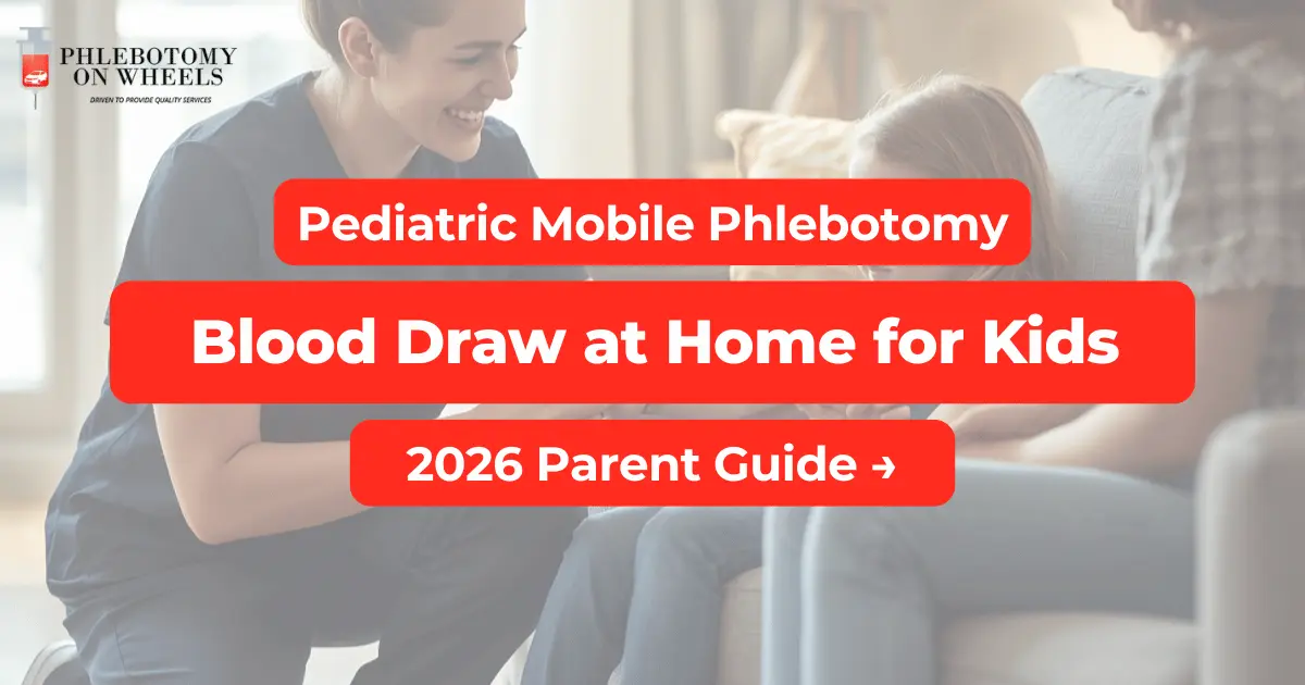 Certified phlebotomist performing pediatric blood draw at home with child seated comfortably on couch